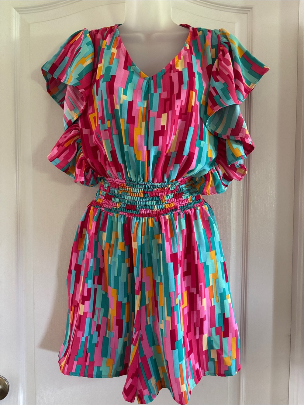 Haptics NWOT Geo-Print Romper with Ruffled Sleeves